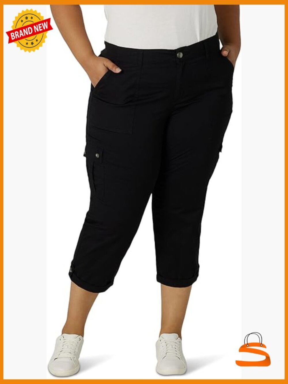 Mid-Rise Relaxed Fit Cargo Capri Pants Stretch Waistband 6 Pockets